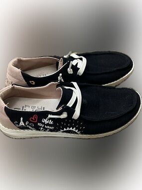 Hey Dude Black Canvas Sneakers with “be where you want to be”